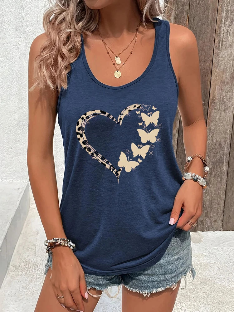 Woman Racerback Tank Top Leopard Butterfly Print Sexy Tops Butterfly Lover Gift Summer Outfit Heart Leopard Print Summer Tanks