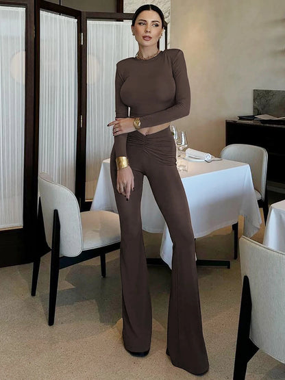 Hawthaw Women 2024 Spring Autumn Long Sleeve Crop Tops Long Pants Two Piece Matching Sets Outfits Wholesale Items For Business Coffee
