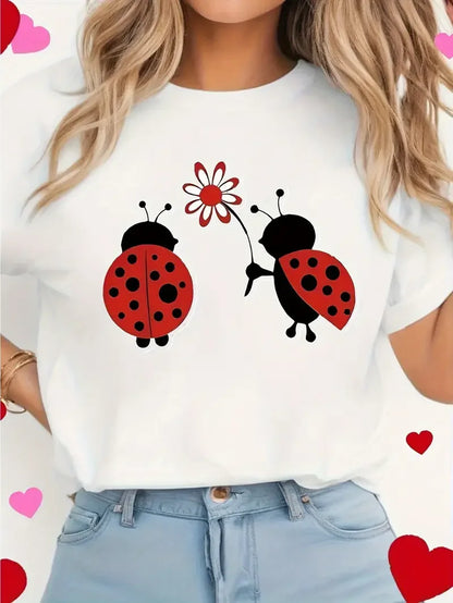 Plus Size Women's Casual Short-Sleeve Round Neck T-Shirt - White Geometric Ladybug & Daisy Print WHITE