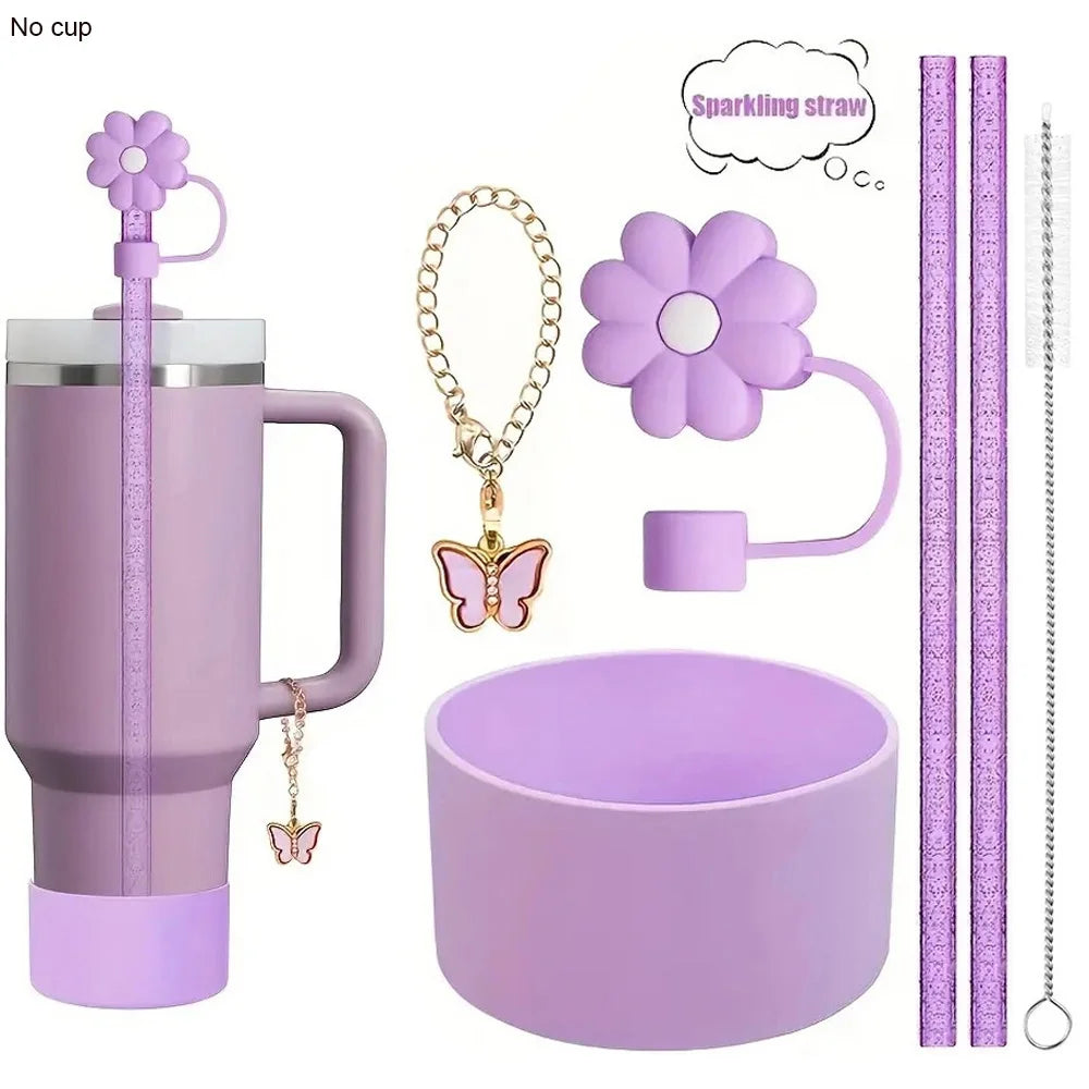 6pcs Reusable Accessories Set for Stanley 40oz Tumblers - Bow Straw Covers, Sparkling Straw, Protective Boot, Charm Chains Badiee Stylez