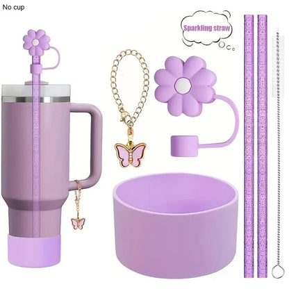 6pcs Reusable Accessories Set for Stanley 40oz Tumblers - Bow Straw Covers, Sparkling Straw, Protective Boot, Charm Chains Badiee Stylez