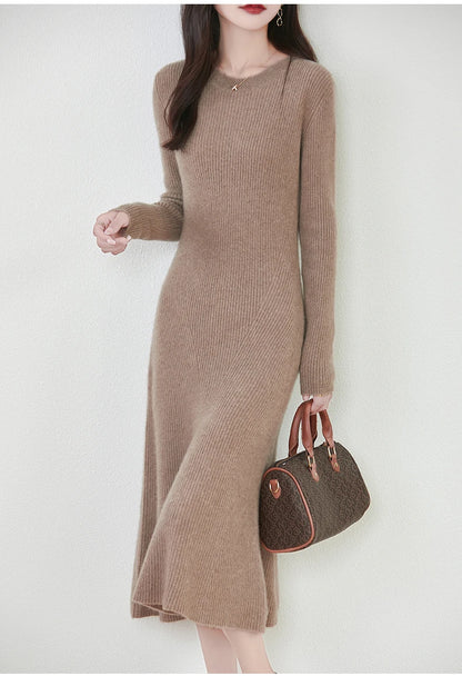Women's Pure Wool Knitted Long Dress, Round Neck, Fishtail Skirt, Slim, Elegant, Casual, Fashionable, Sweater, 2024Autumn/Winter Badiee Stylez