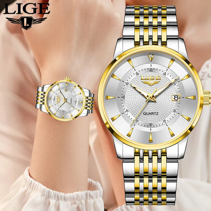 LIGE's new Fashion Women's Watch Luxury Stainless Steel Waterproof Clock Calendar Gift Quartz Watch for Women Relogio Feminino