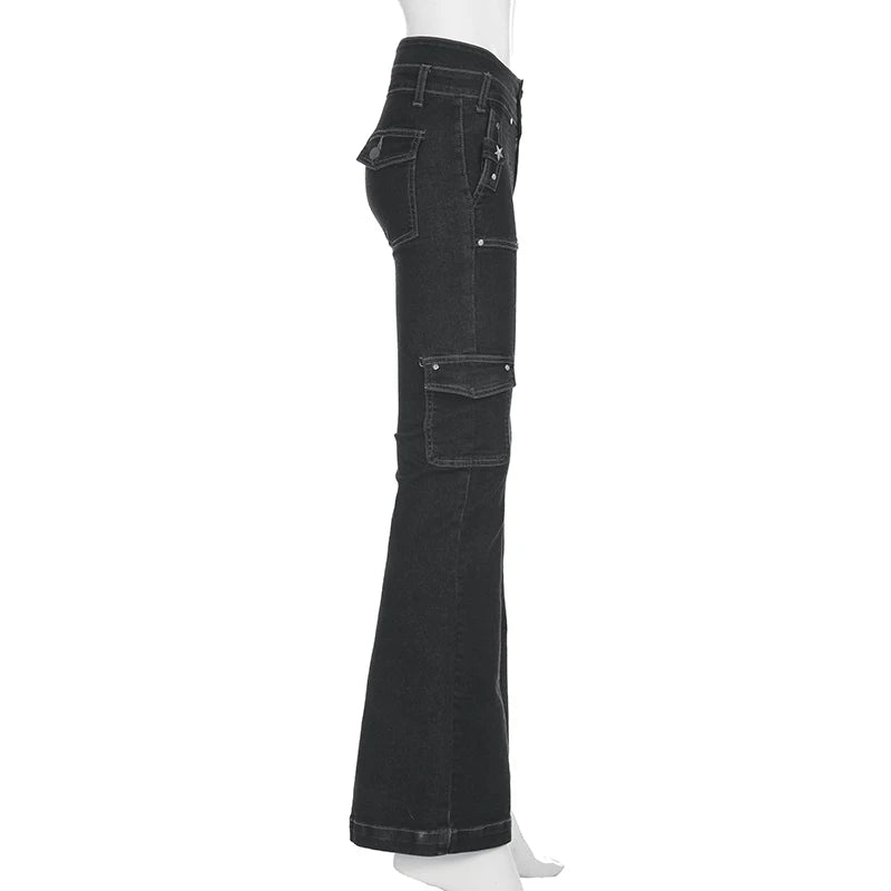 Weekeep Punk Style Star-shaped Rivet Jeans Low Rise Multi-pockets Patchwork Denim Cargo Pants Korean Fashion Hippie Flared Jeans