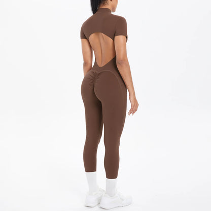Short Sleeved Fitness Jumpsuit for Woman Bodysuits Backless Solid Color Scrunch One-Piece Suit Half Zipper Gym Yoga Sets Womens