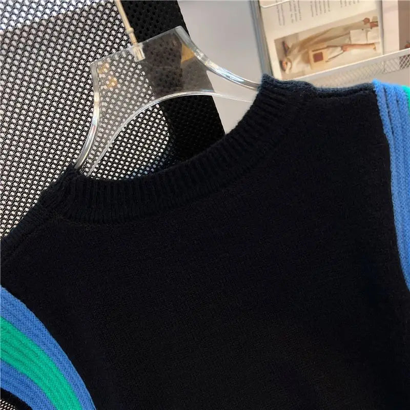 Summer New Fashion Patchwork Knitted Tanks Women Vintage Loose O-neck Soft Comfortable Casual Sleeveless Tops