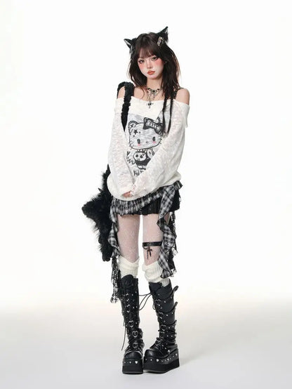 Retro Harajuku Gothic Style Leather Splicing Short Skirt for Women Y2K Lace Hem Mini Pleated Skirt Autumn Street Cool Girl