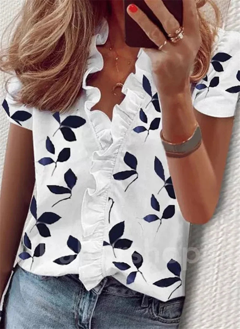 Casual Short Sleeve V-Neck Ruffles Blouses Elegant Office Ladies Shirt Summer Vintage Harajuku Slim Tops Female Boho Tunic Shirt BBL2016 Ye Zi Hua