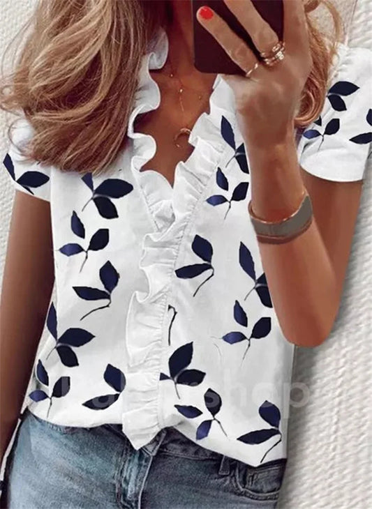 Casual Short Sleeve V-Neck Ruffles Blouses Elegant Office Ladies Shirt Summer Vintage Harajuku Slim Tops Female Boho Tunic Shirt BBL2016 Ye Zi Hua