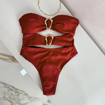 3 Colors Sexy Metal Rings Cut Out Women Swimwear One Piece Swimsuit Female Bandeau High Leg Cut Bather Bathing Suit Swim B022D B022D
