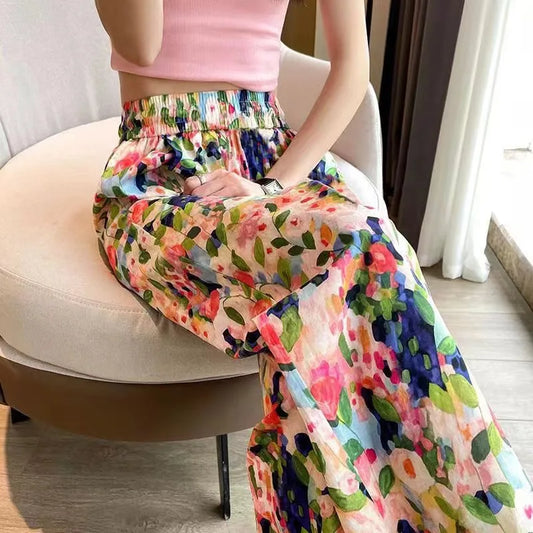 Beach Pants Loose Wide-Leg Pant Female Seaside Leisure INS High Waist Cropped Pant Straight Floral Trousers 2024 Summer New