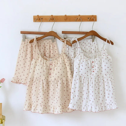 2025 Japanese Summer New Women's Pajama Set 100% Cotton Crepe Cloth Ladies Suspender+Shorts Two Piece Home Furnishing Set