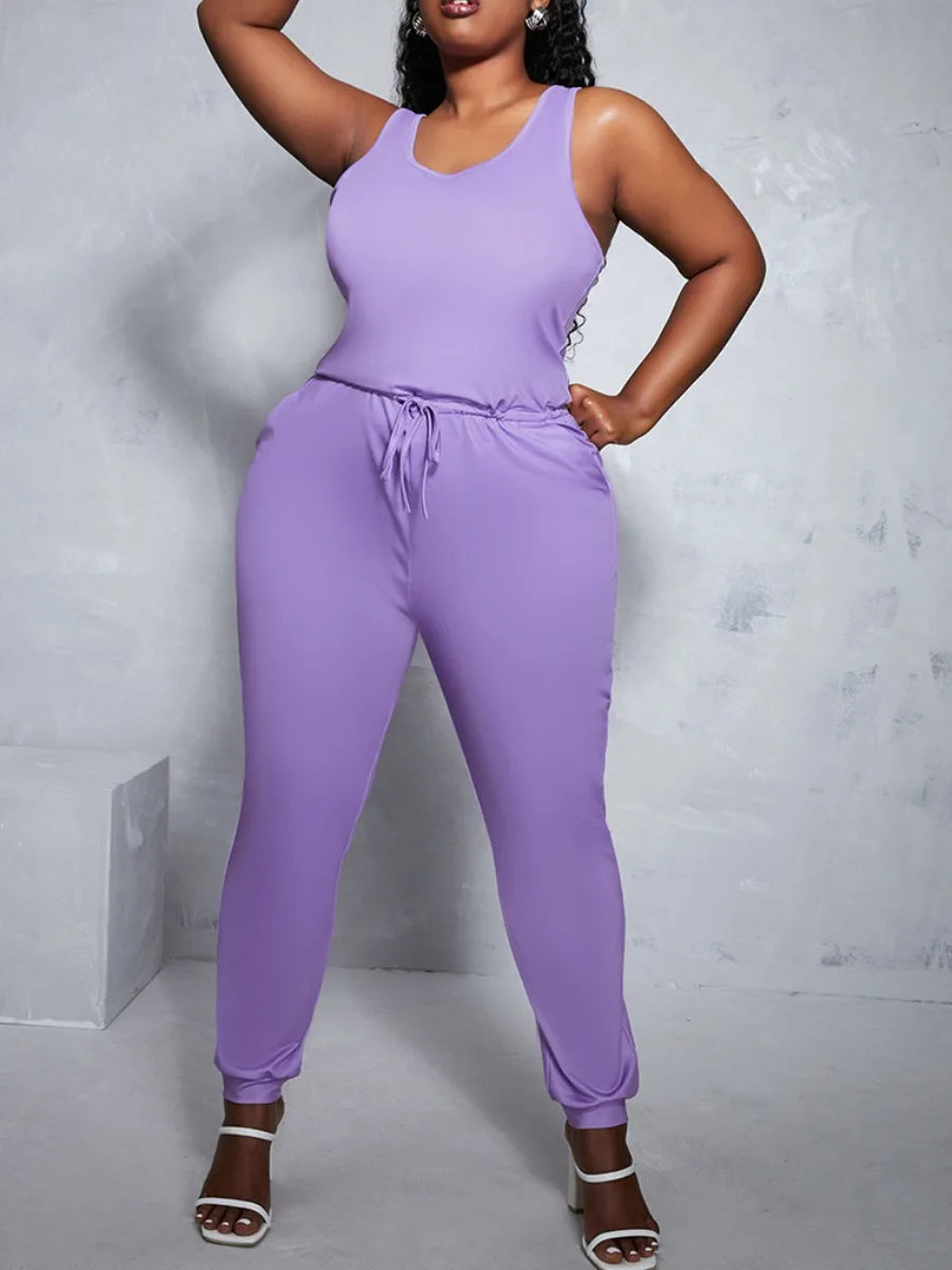 LW Women's Big Size Jumpsuit 2025 Spring Summer Plus Size Drawstring Cami One Piece Jumpsuits Women Full Length Romper Woman