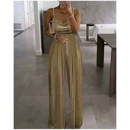 Off The Shoulder Stud Sexy Strap Women's Dinner Romper Spring Summer New Fashion Pleated Loose Straight Leg Female Long Romper