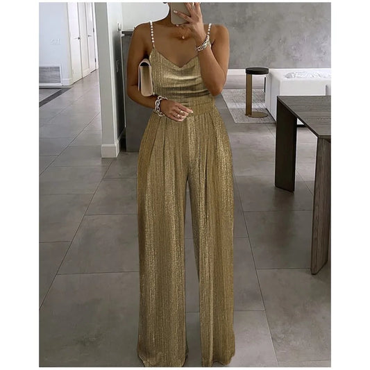 Off The Shoulder Stud Sexy Strap Women's Dinner Romper Spring Summer New Fashion Pleated Loose Straight Leg Female Long Romper