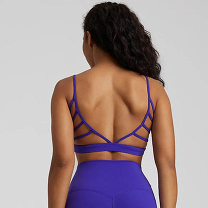 Open Back Sports Bra 8 Way Stretch Deep U Neck Bra Padded Fitness Top for Women Sapphire Blue