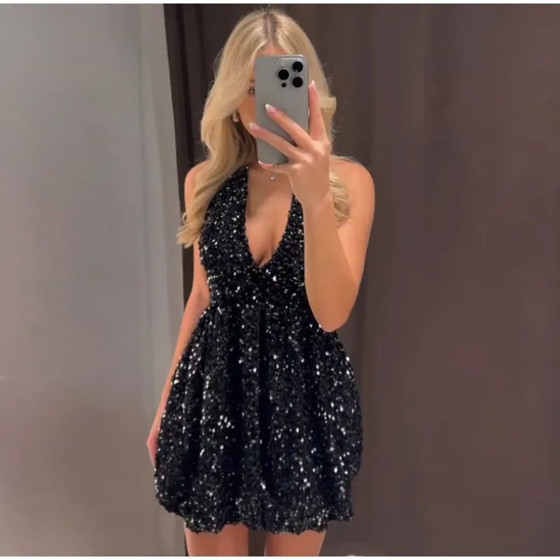 Sexy Sequins Short Black Party Dresses for Women Halter V Neck Backless Sparkly Ruffles Woman Mini Dress 2025 New Club Gowns black dress A