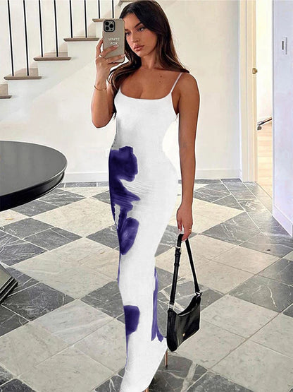 Summer Women's Dresses New Fashion Print Sleeveless Backless Bodycon Sexy Maxi Dresses Casual Streetwear Club Elegant Lady Dress White