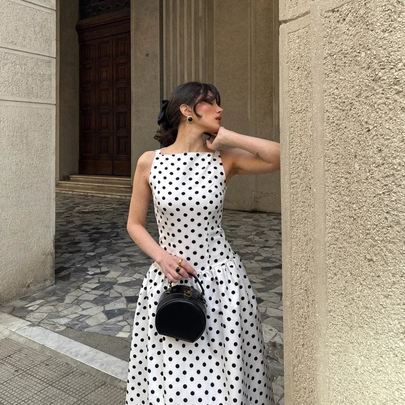 Fashion Polka Solid Slim Vestido Lady Elegant Chic Sleeveless Off Shoulder Pleat Square Neck Maxi Dress Summer Dinner Party Wear