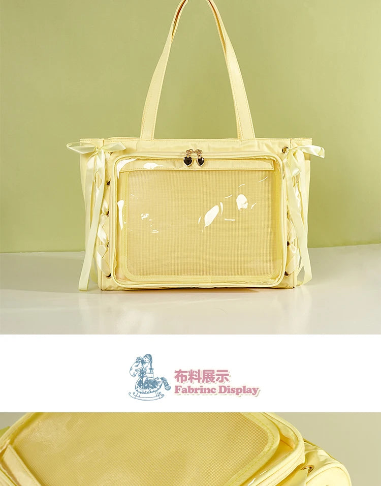 Japanese Large Capacity Satin Ribbon Ita Bag Sweet Girl Anime Transparent Tote Bag Lolita Shoulder Bags Clear Pvc Handbags