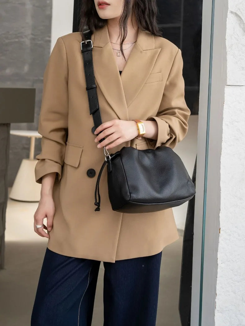 Ladies' New Premium Full-Grain Wrinkled Leather Crossbody Bag - Women's Chic Shoulder Commuter Bag with Organizer Pockets