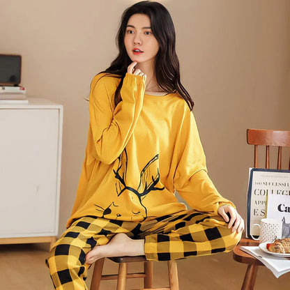 New Ladies Pajamas Loungewear Set Women's Spring and Autumn Style Long Sleeved Autumn Winter Loungewear Women's Plus Size Pajama Yellow