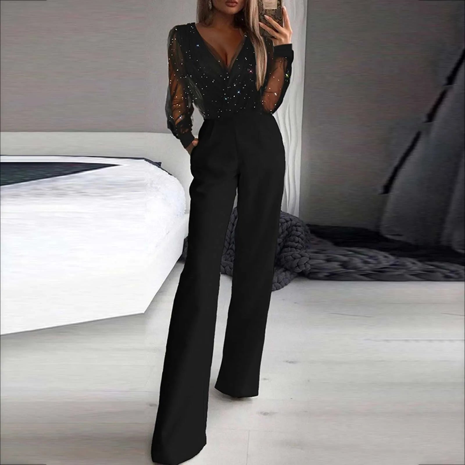 Womens Strapless Jumpsuit Casual Fashion Women'S Solid Color Long Sleeved Pants Summer Woman Fluid Pants Korean Chiffon Jumpsuit Black