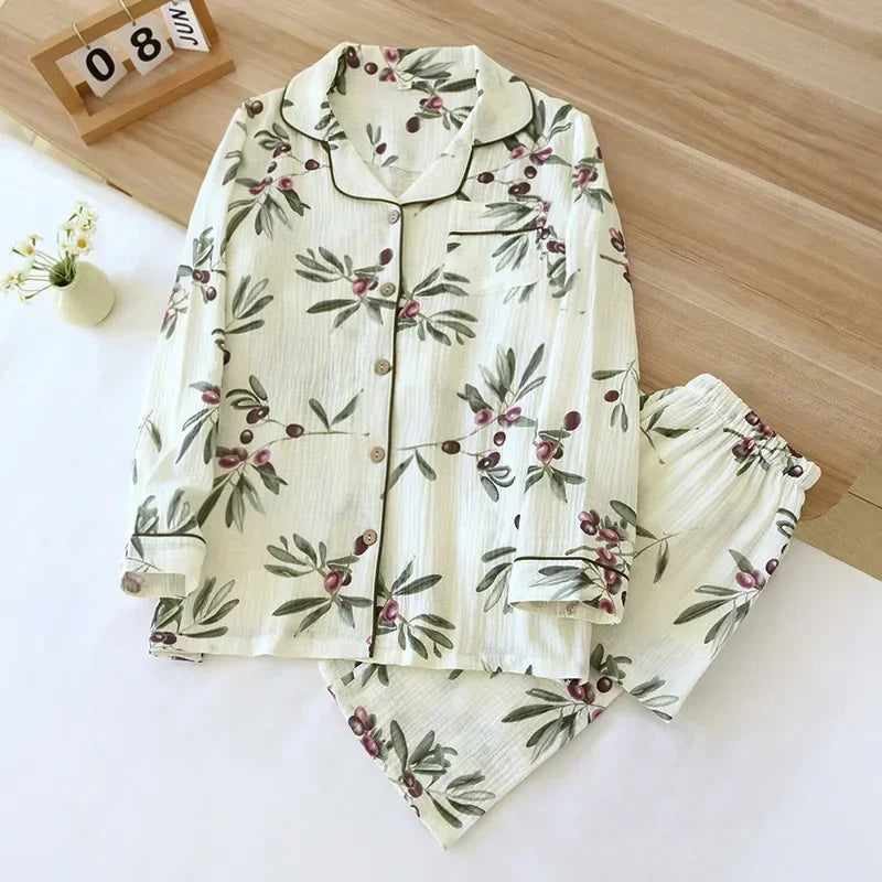 New large size pajamas women cotton crepe home service cotton long sleeve trousers suit simple and comfortable summer and autumn 02