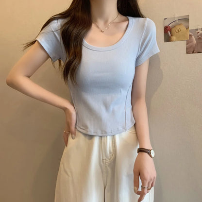 Y2K T-shirt Women V-neck Irregular Short Sleeve Crop Top New Korean Fashion Slim High Waist Solid Tee Shirt Woman Sexy Clothes