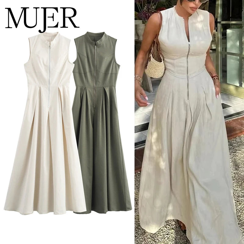 MUJER Zipper Long Dress Woman Pleated Sleeveless Bodycon Dress Summer Elegant Party Dresses For Women 2025 New Midi Dresses Badiee Stylez