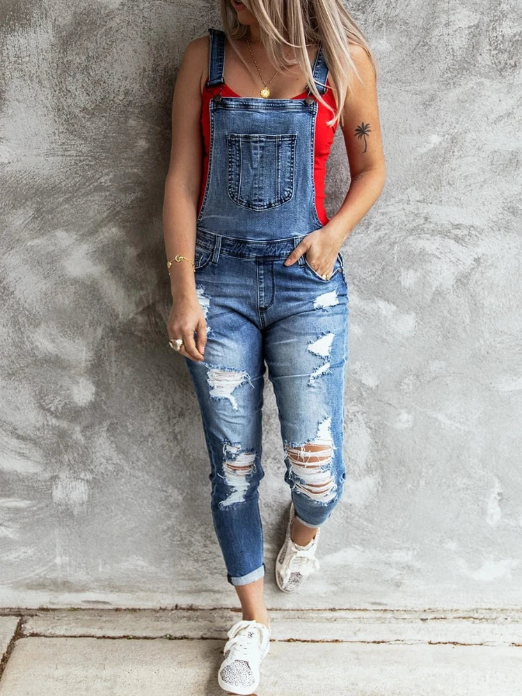 Denim Overalls Women 2023 Ripped Jeans Lady Jumpsuit Elastic Denim One Piece Pants Suspender Trousers Female Rompers Streetwear