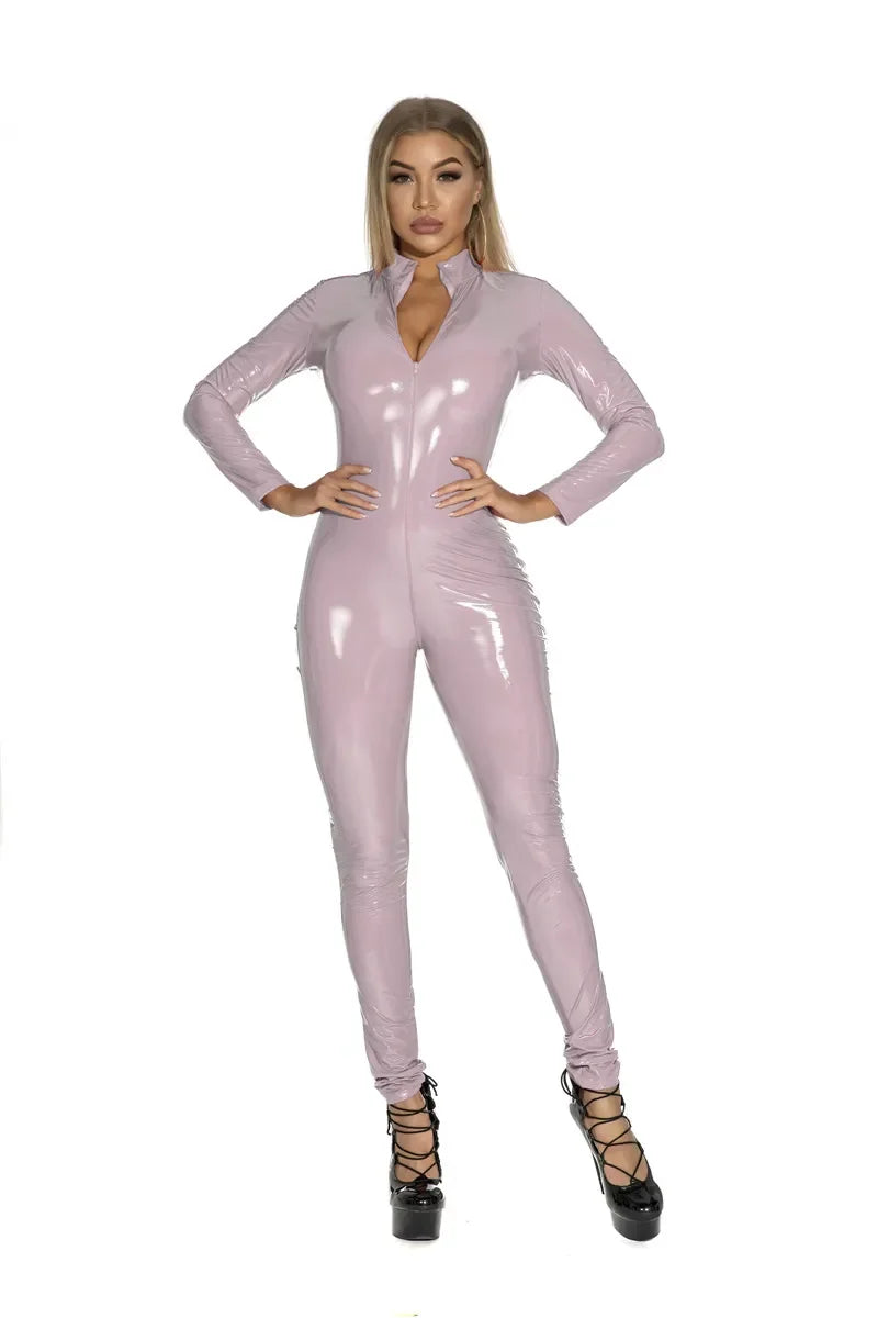 Women's Wet Look Shiny PU Faux Leather Jumpsuit Suit Long Sleeve Zipper Open Crotch Latex Bodysuit Clubwear Plus Size Badiee Stylez