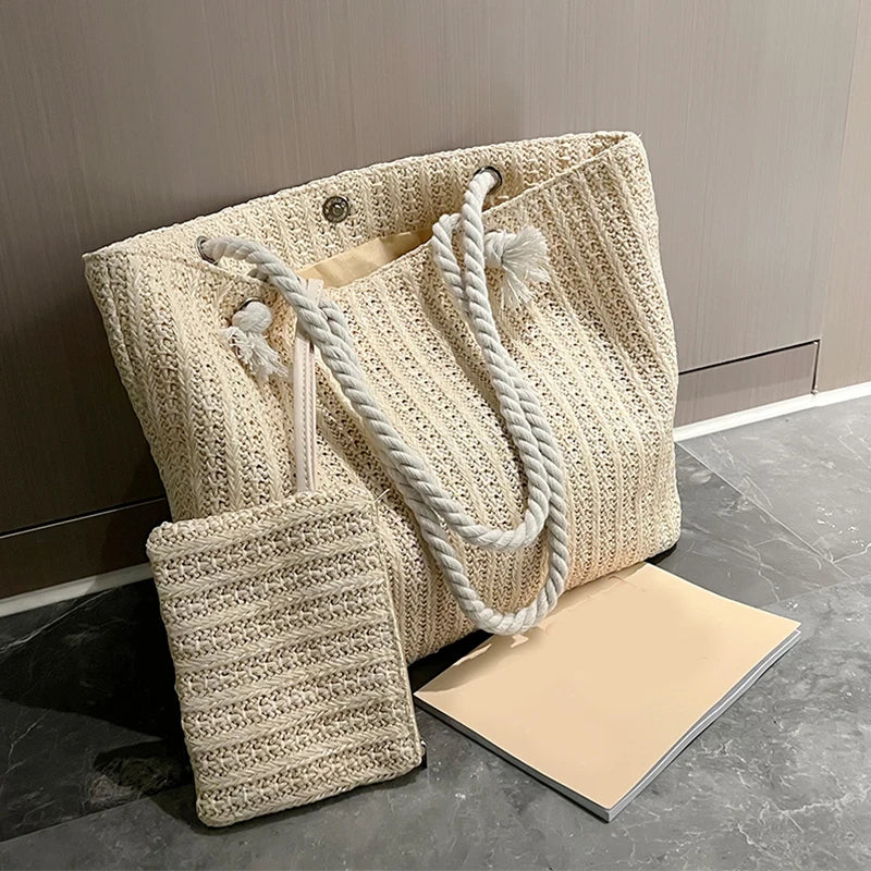 Designer Women Handbags Fashion Large Capacity Straw Tote Bag Summer Beach Bag Casual Bali Big Purse setbeige 42x8x29cm