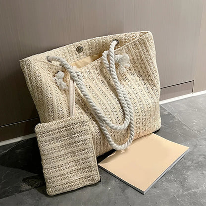 Designer Women Handbags Fashion Large Capacity Straw Tote Bag Summer Beach Bag Casual Bali Big Purse setbeige 42x8x29cm