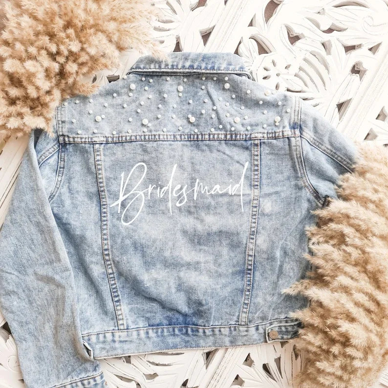 Bachelorette Jean Jackets Hen Party Gift Custom Bride Denim Jacket Pearl Mrs Outerwear Bridesmaid Personalised Coats Wedding Day light blue - MAID