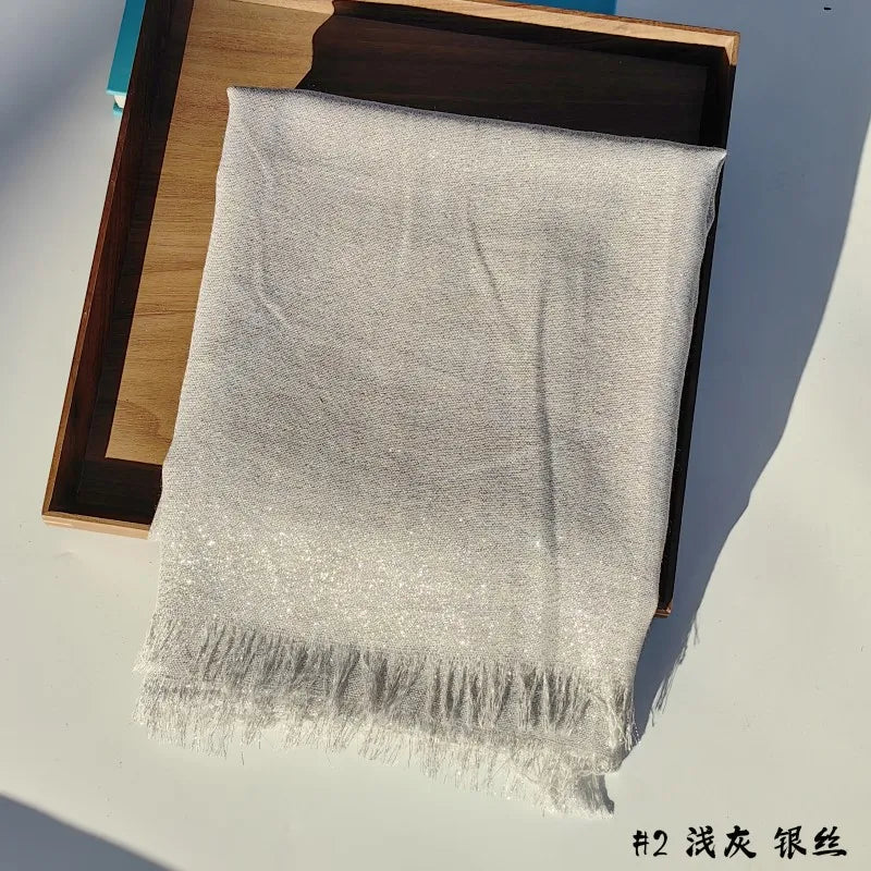Lastest Brand Design Scarf Shiny Solid Color Shawls Rayon Fabric Gold Silk Silver Wire Head Shawl Fringe Hijab For Women 2
