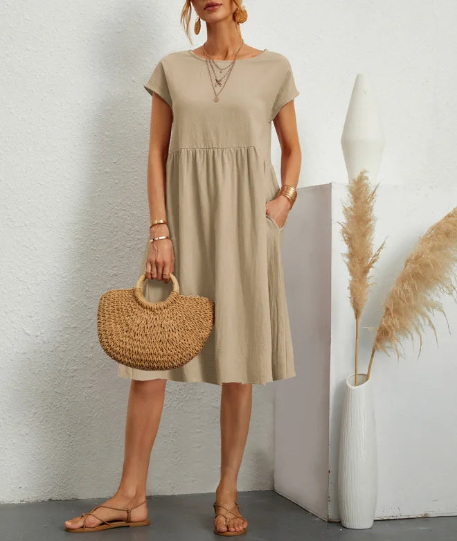 Cotton Linen Dress For Women Summer Casual Splicing Pocket Dresses Vestido Fashion Female Clothing Short Sleeve Loose Midi Dress Khaki
