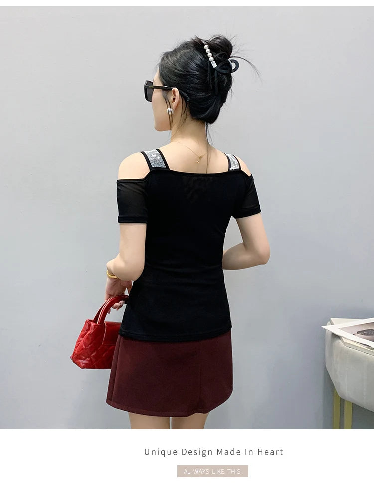 New Arrival Summer European Clothes Women's T-Shirts Chic Luxury Butterfly Hot Diamonds Tees Sexy Girl Slim Streetwear Tops