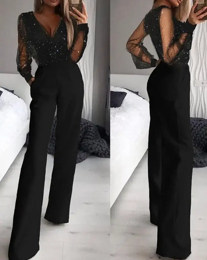 Elegant Jumpsuit Women Spring Fashion Glitter Print Sexy V-Neck Long Sleeve Casual Contrast Mesh Pocket Straight Leg Jumpsuit Badiee Stylez