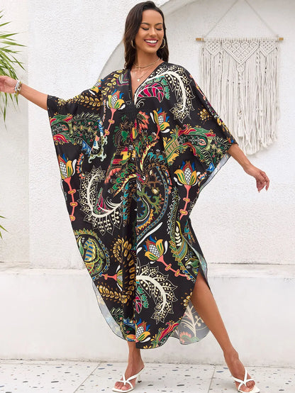 Plus Size Women Floral Print Kaftan Dresses Plus Size Swimsuit Coverup Summer Bathing Suit Caftan Loungewear Beach Dress 5DB245-12 One Size