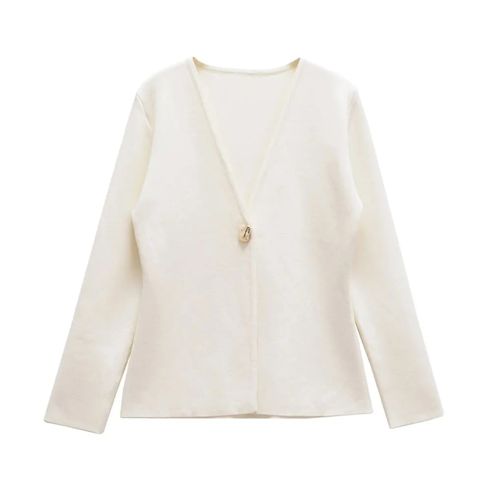 TRZA Women Fashion With Gold Button Knit Cardigan Sweater V Neck Long Sleeve Female Outerwear Chic Tops as picture