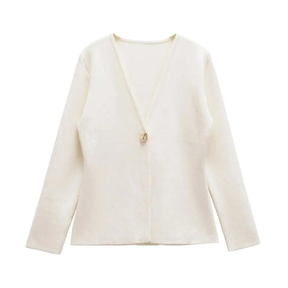TRZA Women Fashion With Gold Button Knit Cardigan Sweater V Neck Long Sleeve Female Outerwear Chic Tops as picture