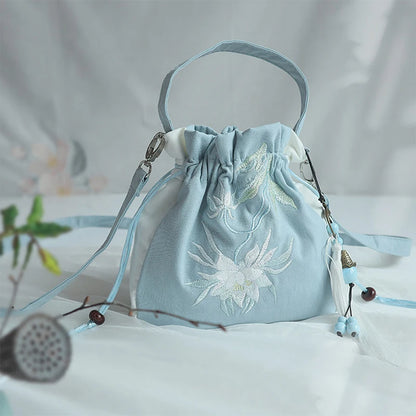 Chinese Style Women's Drawstring Bag Vintage Flower Embroidery Hanfu Handbag Street Fashion Girls Bucket Shape Shoulder Bag G