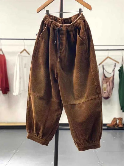 Ladies Large Size 4XL Corduroy Pantalons 2024 Female High Waist Add Velvet Casual Trousers Winter Women Loose Fit Lantern Pants Badiee Stylez