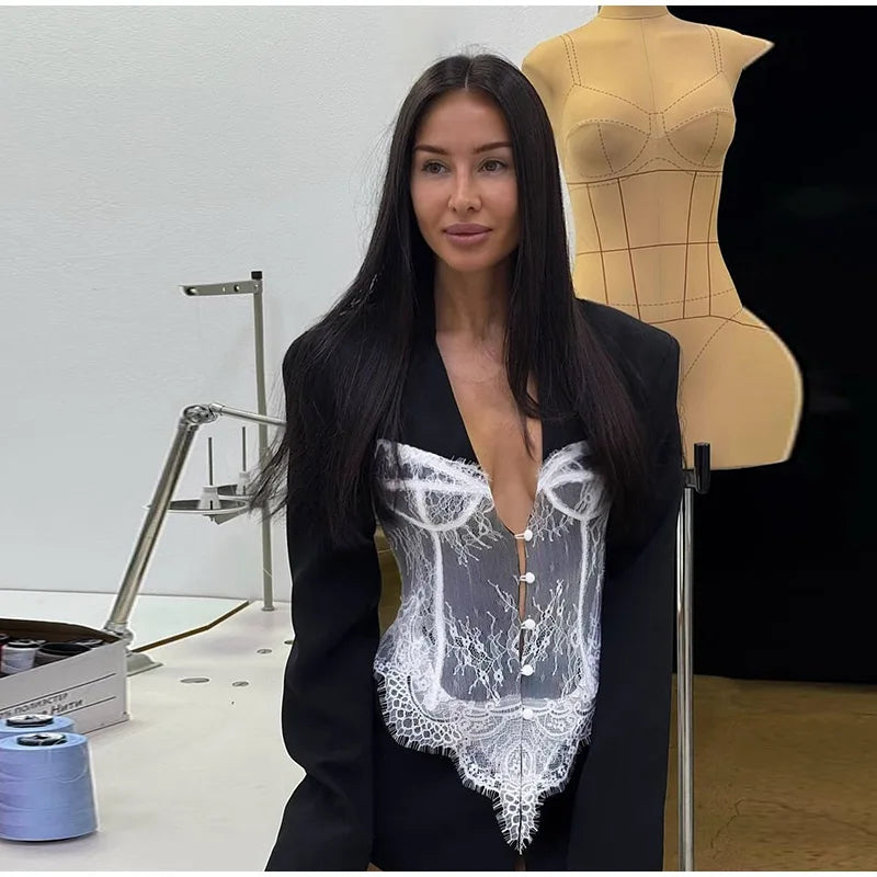 New Design Lace Patchwork Suit Jacket Women Retro Chic V-neck Single Breasted Waist-cinching Jackets Female High Street Outwear