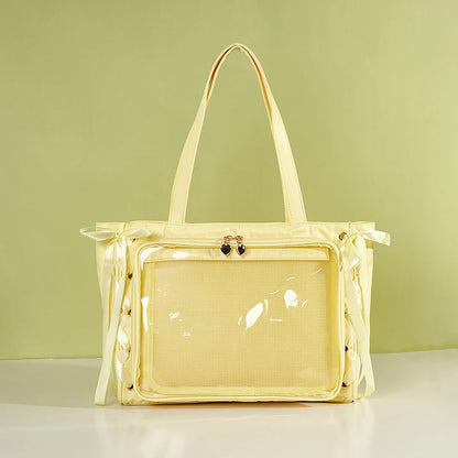 Japanese Large Capacity Satin Ribbon Ita Bag Sweet Girl Anime Transparent Tote Bag Lolita Shoulder Bags Clear Pvc Handbags Yellow