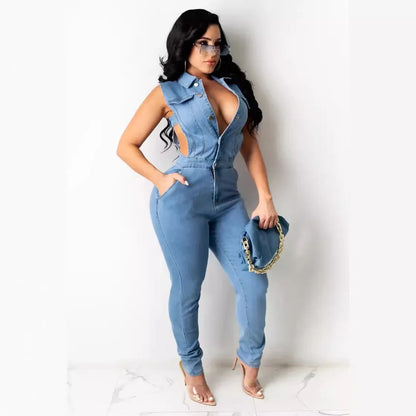 Hollow Denim Ankle Length Pants Women Overalls Spliced Washed Pencil Jeans Vintage Skinny Jean One Piece Button Sexy 2025 light blue