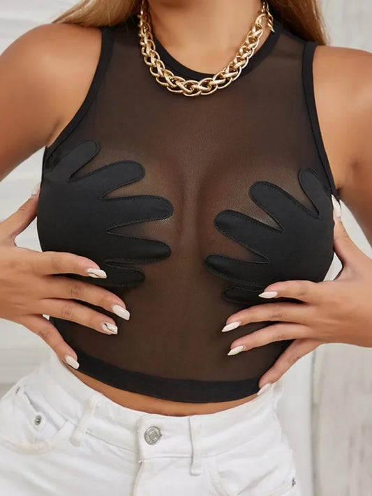 Fashion Round Neck Sleeveless Y2k Top Sexy Net Yarn Slightly Sheer Women Clothing High Stretch Embroidery Streetwear Crop Top Black Tank Top