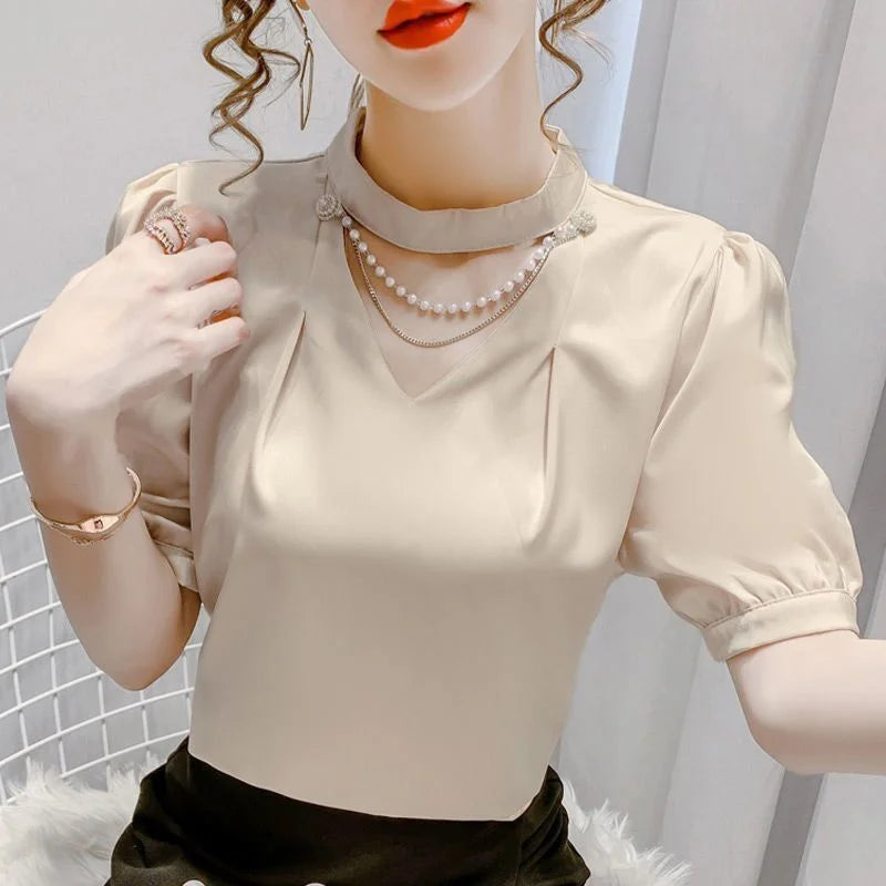 Women Summer Style Blouses Shirts Lady Fashion Casual Puff Short Sleeve O-Neck Solid Pearl Blouses Tops WY0227