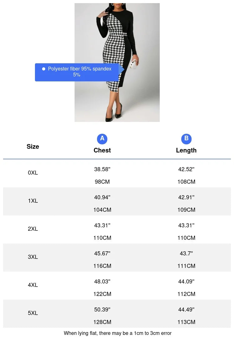 Plus Size Women Elegant Dress Thousand-Bird Lattice Color Contrast Printed Long-Sleeved OL Commuter Wind Bag Hip Elastic Dress Badiee Stylez